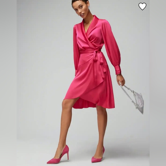 White House Black Market Dresses & Skirts - WHBM LONG SLEEVE SATIN WRAP FUSCHIA DRESS SIZE 12 NWT